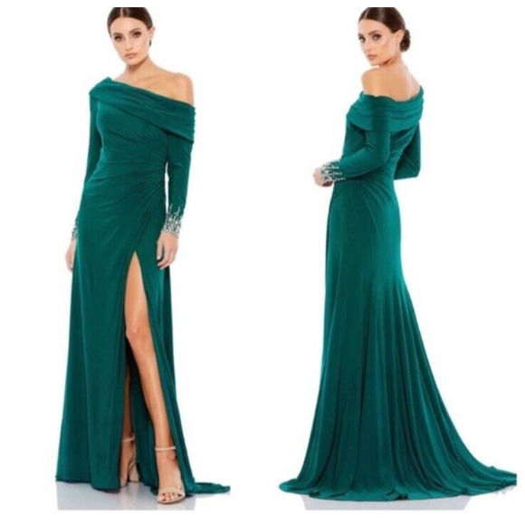Mac Duggal 12231 One Shoulder Beaded Cuff Dress Emerald Green Size 6 NWOT - Picture 1 of 8